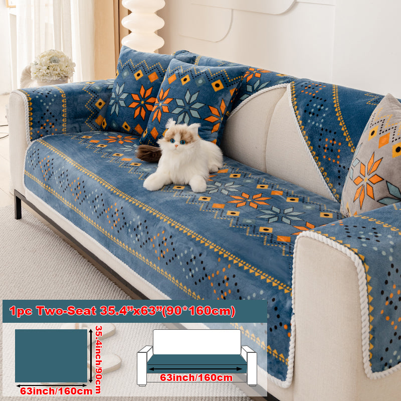 1pc Four season universal sofa cushion, Bohemian plush sofa cover, pet friendly anti slip and scratch resistant