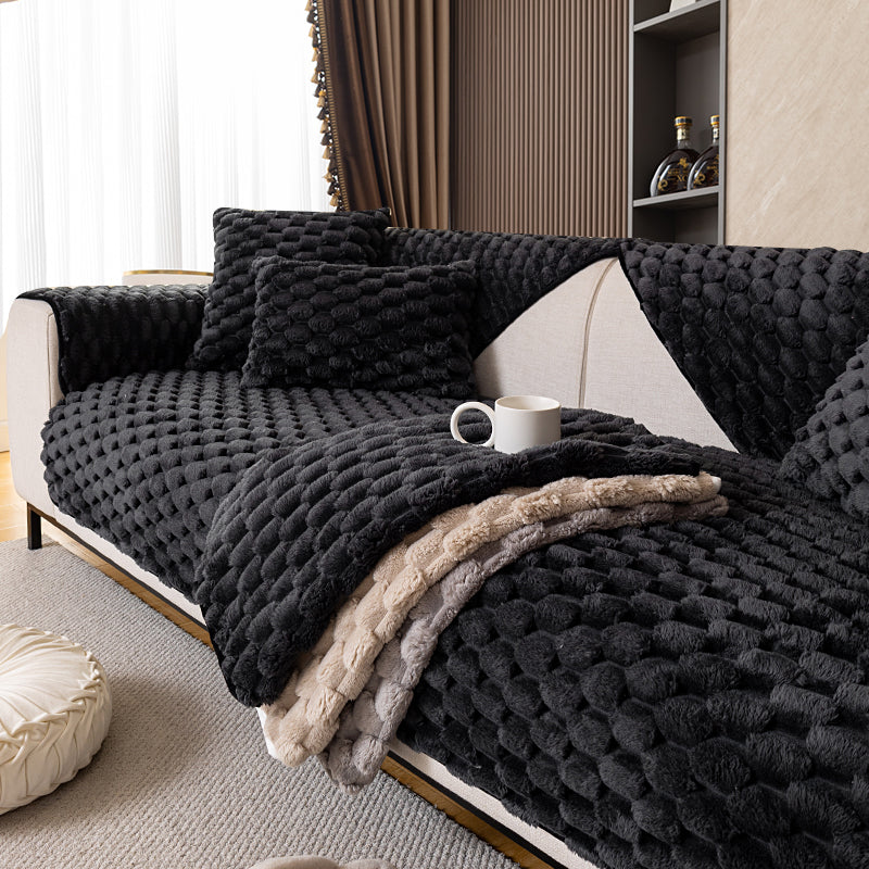 1pc honeycomb grid winter plush sofa cushion, simple and modern, sofa cover