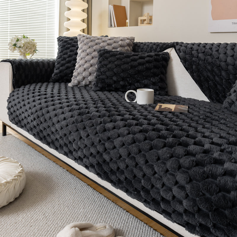 1pc honeycomb grid winter plush sofa cushion, simple and modern, sofa cover