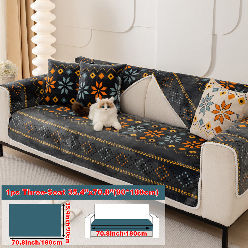 1pc Four season universal sofa cushion, Bohemian plush sofa cover, pet friendly anti slip and scratch resistant