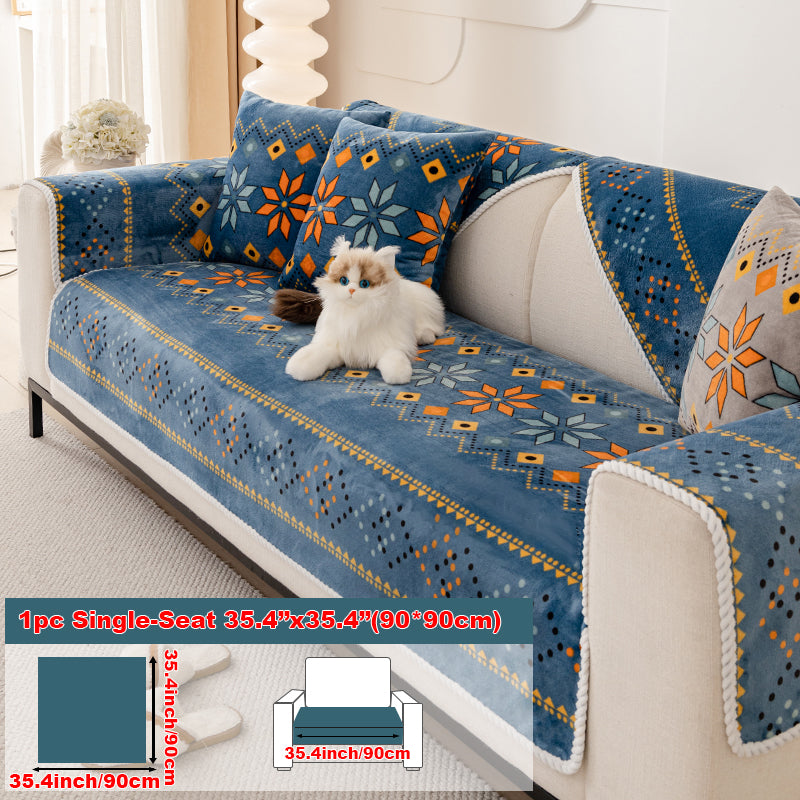 1pc Four season universal sofa cushion, Bohemian plush sofa cover, pet friendly anti slip and scratch resistant